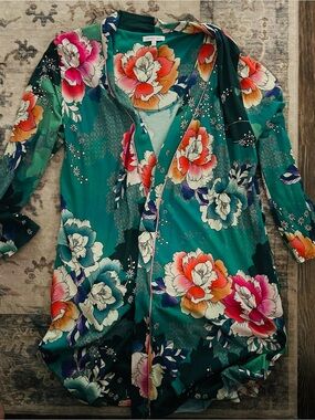 Johnny Was Teal Floral robe Multicolor Blooms missing belt